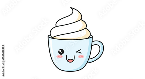 Happy winking blue coffee cup character with a large swirl of whipped cream on top shown in a cute and colorful kawaii style.