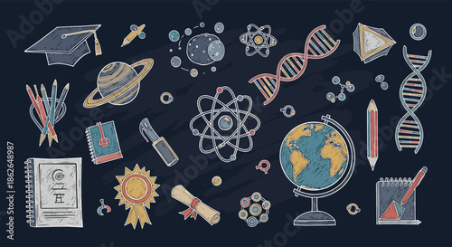 School and science themed chalkboard drawings of a globe, DNA, atom, planets, and graduation cap for educational designs.