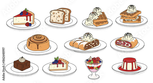 Variety of delicious plated desserts including brownies, waffles, tarts, and fruit cakes for a tempting bakery display.