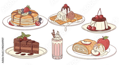 Collection of beautifully presented gourmet desserts including pancakes, waffles, pudding, cake, and a milkshake with fruit.