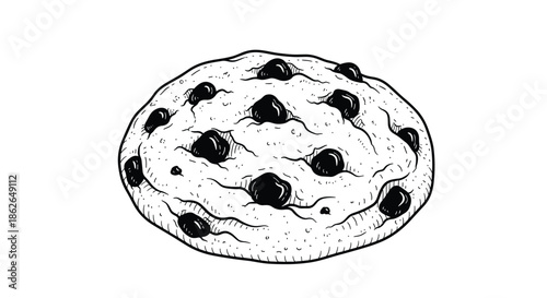 Detailed black and white ink drawing of a single delicious round chocolate chip cookie in a realistic sketchy style.