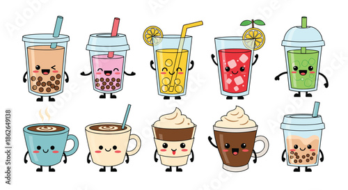 Assortment of cute cartoon beverage characters including bubble tea, fruit juice, and coffee cups with happy smiling faces and expressive eyes.