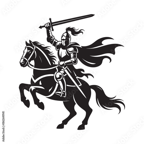 Knight on Horse Silhouette with Sword Medieval Warrior Black White Vector Graphic