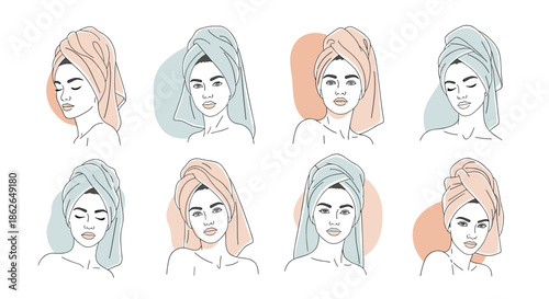 Elegant collection of minimalist line drawings featuring a woman with a towel wrapped around her head for spa and beauty themes.