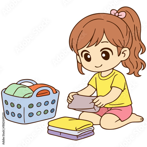 Girl Folding Laundry and Sorting Clothes at Home