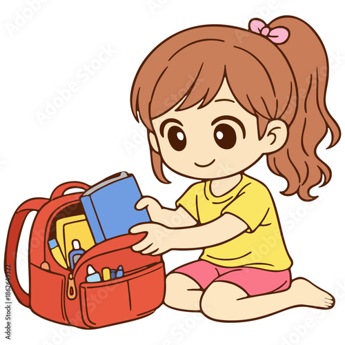 Girl Packing School Bag with Care and Focus