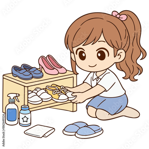 Girl Organizing Shoes and Personal Items at Home