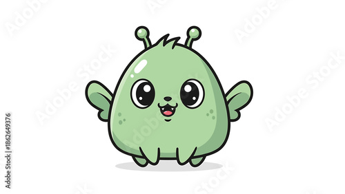 Adorable Green Alien Character with Big Eyes and Small Wings.