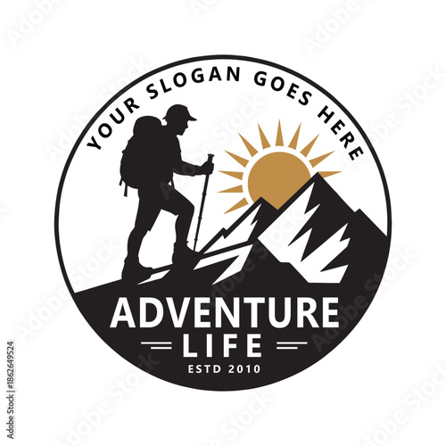 Adventure Life Logo Hiker Mountain Sun Silhouette Vector Graphic