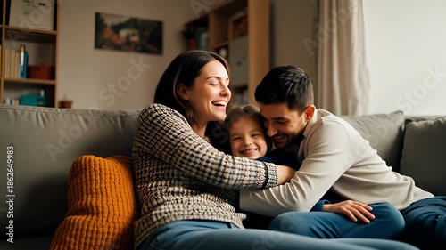 Loving family enjoying cozy moments at home in living room setting