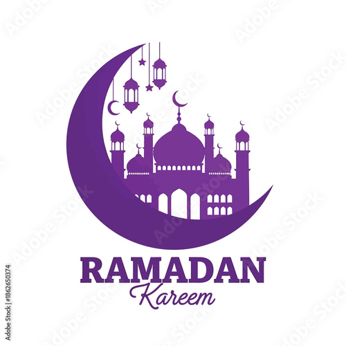 A beautiful illustration depicting a purple crescent moon a mosque and sparkling lanterns for ramadan kareem celebrations high quality