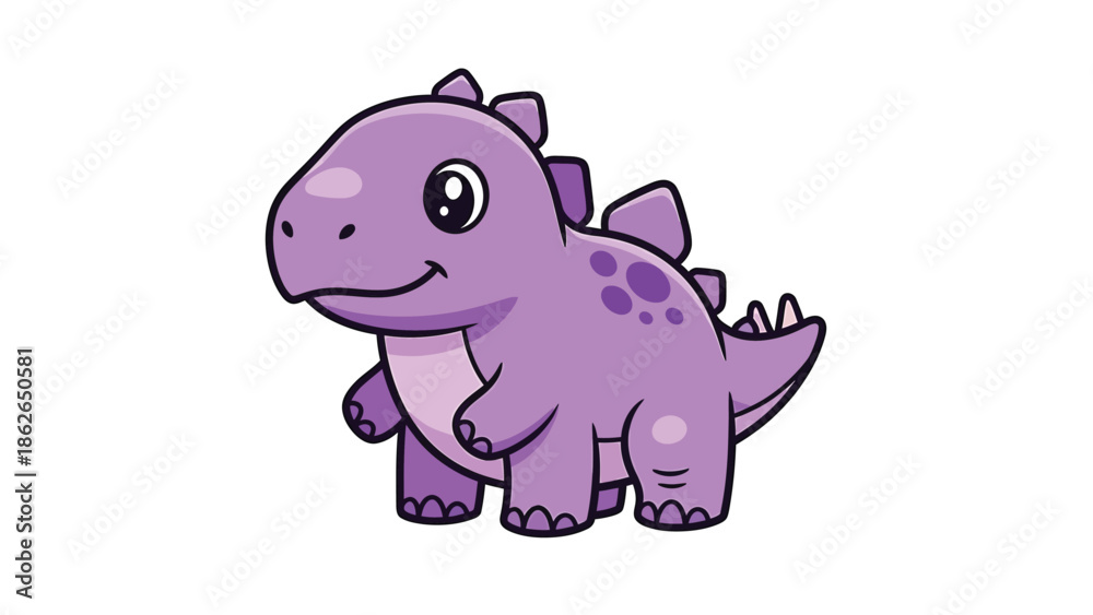 Fototapeta premium Adorable Purple Cartoon Dinosaur with Big Eyes and Plates.