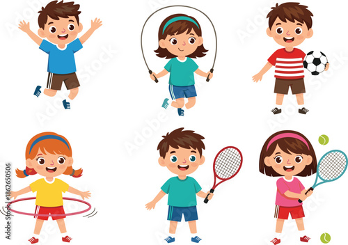 Happy active kids cartoon character set playing sports including soccer tennis jump rope and hula hoop vector illustration on white background.