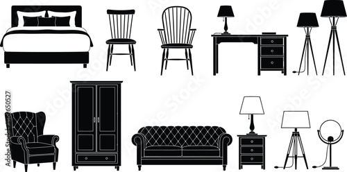 Collection of home furniture silhouettes featuring bed sofa armchair chairs desk wardrobe and various floor lamps for interior design vector.