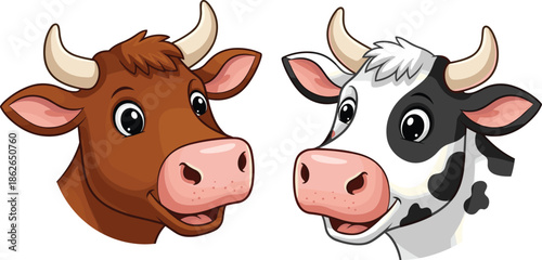 Cute cartoon cow head vector illustration set featuring a friendly brown bull and a black and white spotted dairy heifer mascot.