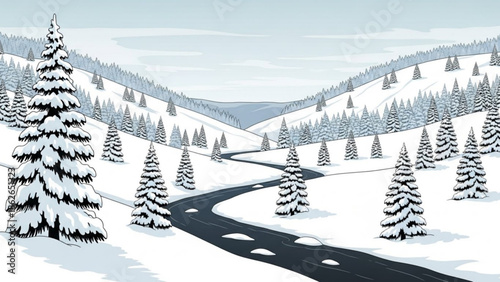 Snowy road winding through rolling hills with coniferous trees covered in snow on a cloudy