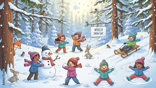 Children playing in snowy forest on world snow day with snowman and sled with winter fun