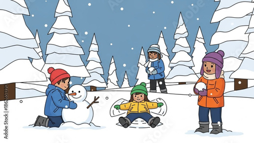 Four children playing in the snow making a snowman and having fun in a winter wonderland