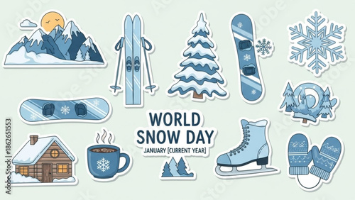 World snow day celebration graphics with winter sports equipment and festive icons