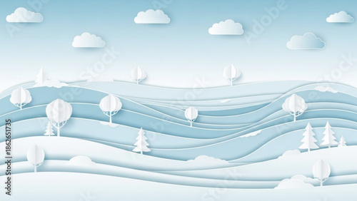 Winter landscape with white trees and hot air balloons on layered hills with clouds