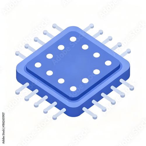 Isometric illustration of a blue computer chip with pins, representing technology and computing advancements.