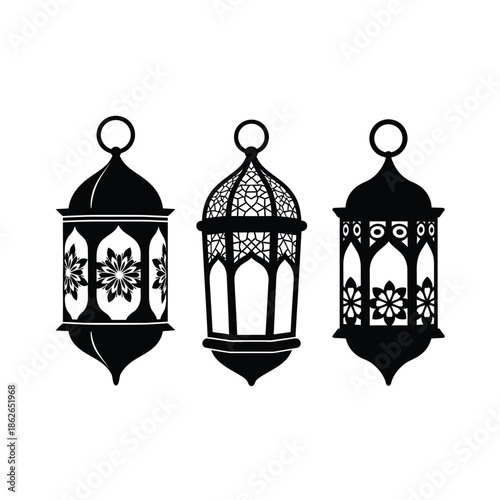 Three ornate black lanterns with detailed geometric patterns are displayed against a clean white backdrop showcasing islamic artistry