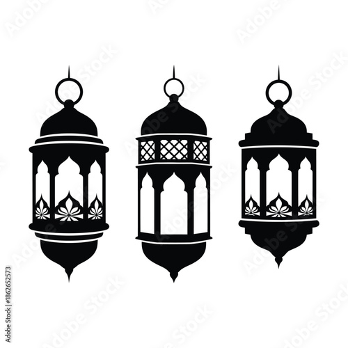 a striking black and white illustration features three ornate arabic lanterns in a row showcasing detailed designs and cultural symbolism