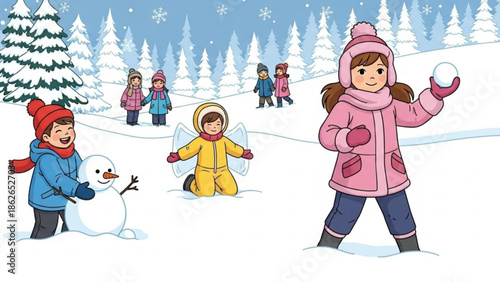 Children playing in snow, kids making snowman and snowball fight in winter landscape