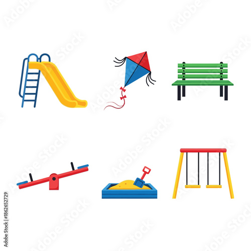 A colorful illustration depicts various playground elements including a slide kite seesaw swing set and sandbox creating a cheerful scene