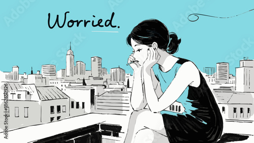 A simple illustration of a depressed businesswoman. Worries. Stress. Job change. Career.