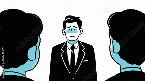 A simple illustration of a depressed businessman. Worries. Stress. Job change. Career.