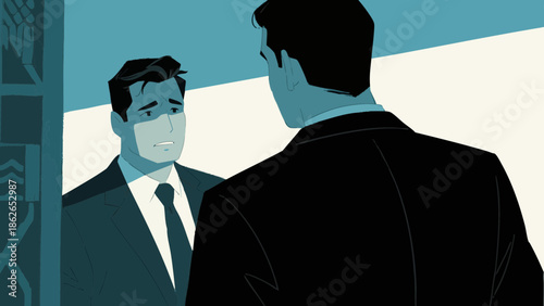 A simple illustration of a depressed businessman. Worries. Stress. Job change. Career.