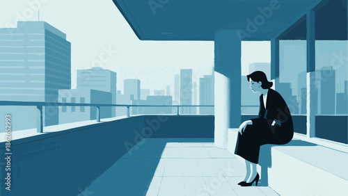 A simple illustration of a depressed businesswoman. Worries. Stress. Job change. Career.