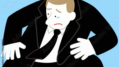 A simple illustration of a depressed businessman. Worries. Stress. Job change. Career.