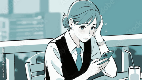 A simple illustration of a depressed businesswoman. Worries. Stress. Job change. Career.