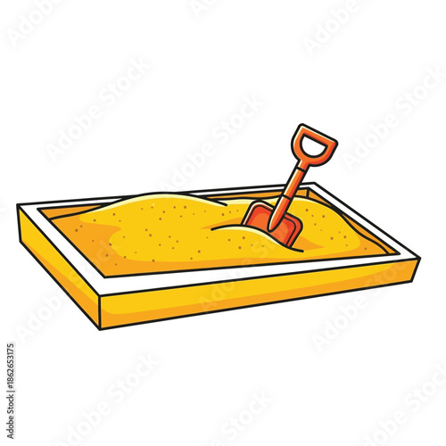 a colorful cartoon illustration depicts a rectangular sandbox filled with yellow sand and a small orange shovel sticking into it