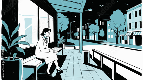 A simple illustration of a depressed businesswoman. Worries. Stress. Job change. Career.