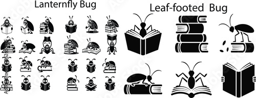 Cartoon bugs reading and interacting with books insect