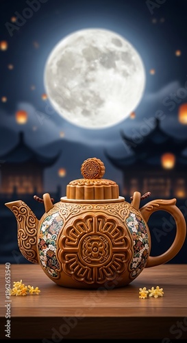 Traditional ceramic teapot sits on a wooden surface under a bright full moon sky