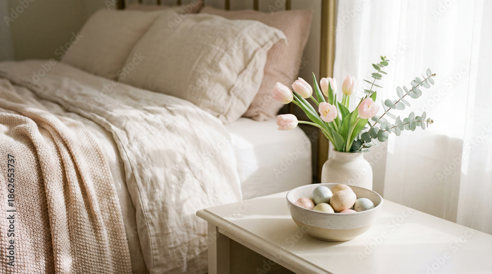 Naklejka premium Cozy bedroom with tulips and pastel decorative eggs