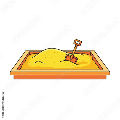 A vibrant illustration depicts a rectangular sandbox filled with golden sand and a small red shovel sticking into it