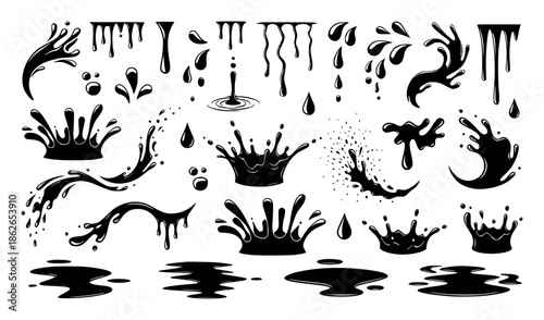 Black liquid splashes drips and puddles white splatter