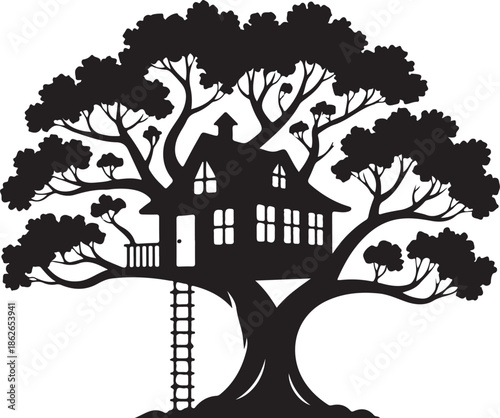 Tree House Silhouette – House in Tree Vector Black on White