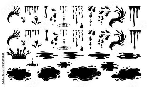 Black liquid splashes drips and puddles set white