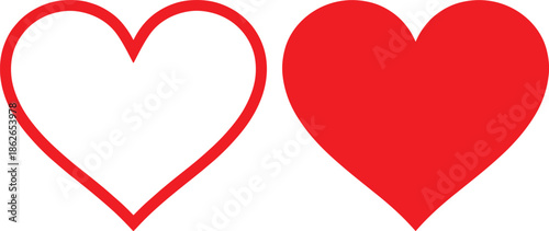 Red heart outline and solid heart icons isolated on white background minimalist love symbol vector illustration design set