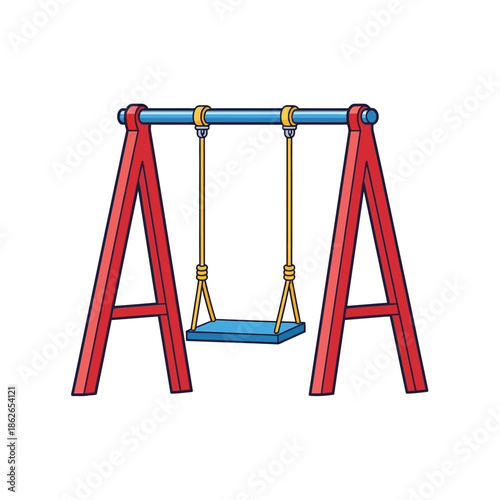 a colorful illustration depicts a red wooden swing set with a blue seat clearly designed for children s playtime and outdoor fun
