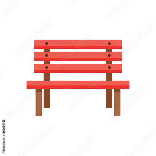a simple illustration depicts a red wooden park bench with three horizontal slats and sturdy brown legs isolated on a white background