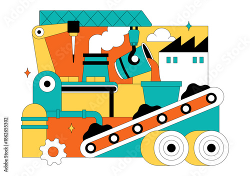 Steelworks Vector Illustration Featuring Resource Mining, Metal Smelting Process Inside Large Foundry, And Molten Steel Pouring In Flat Background