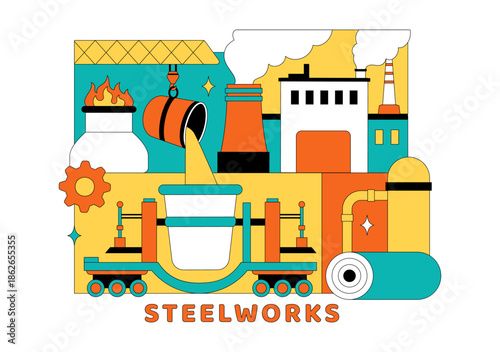 Steelworks Vector Illustration Featuring Resource Mining, Metal Smelting Process Inside Large Foundry, And Molten Steel Pouring In Flat Background