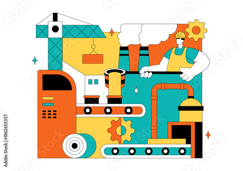 Steelworks Vector Illustration Featuring Resource Mining, Metal Smelting Process Inside Large Foundry, And Molten Steel Pouring In Flat Background